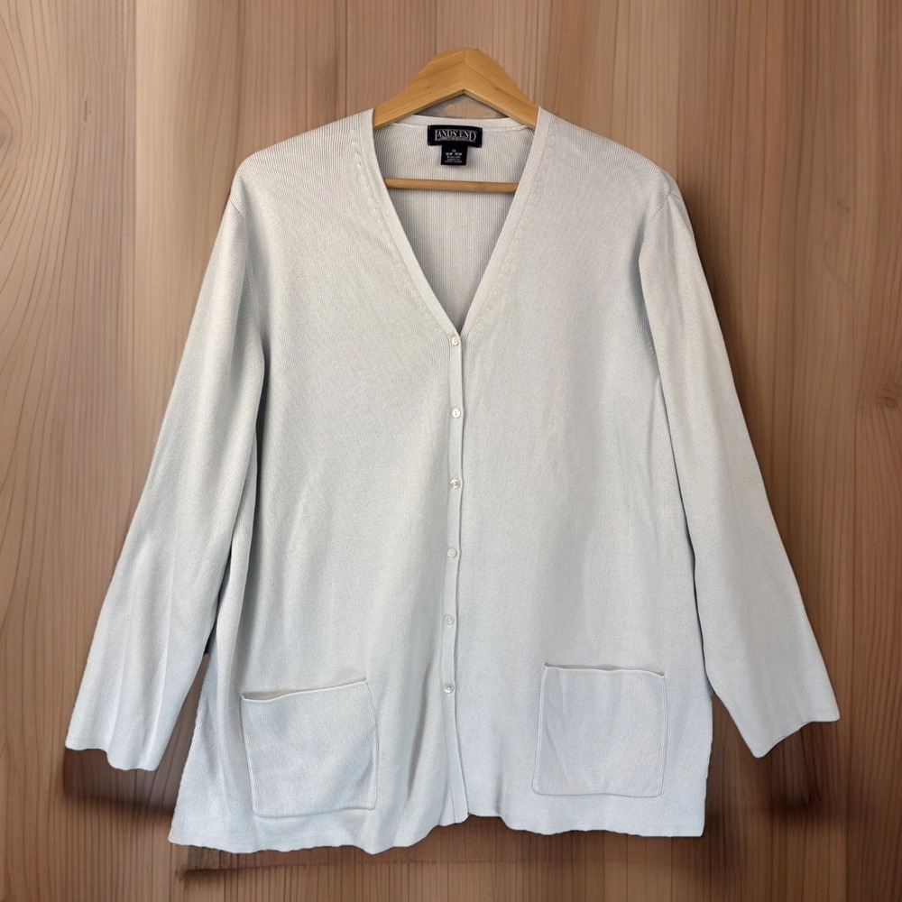 Vintage‎ Lands' End Cardigan 1X Plus 100% Cotton Baby Blue Pockets V-Neck